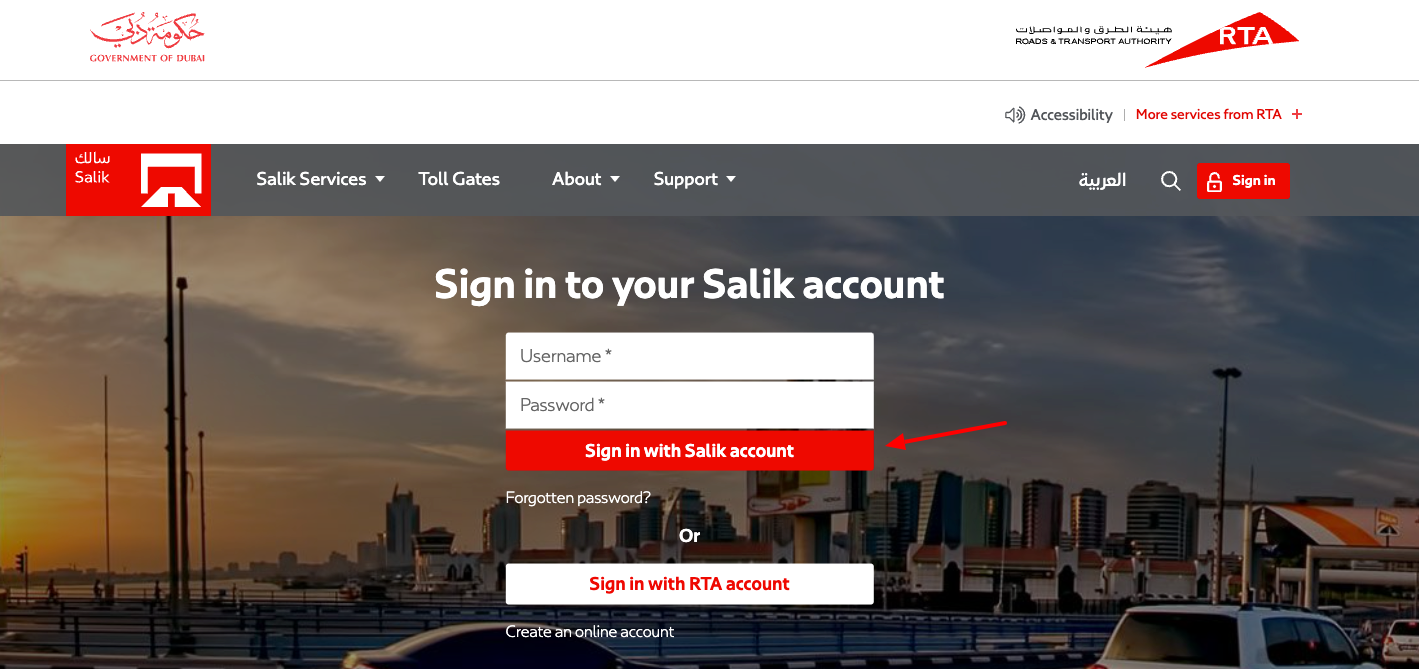 salik login with account number and pin